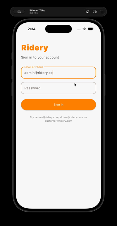 Ridery login screen